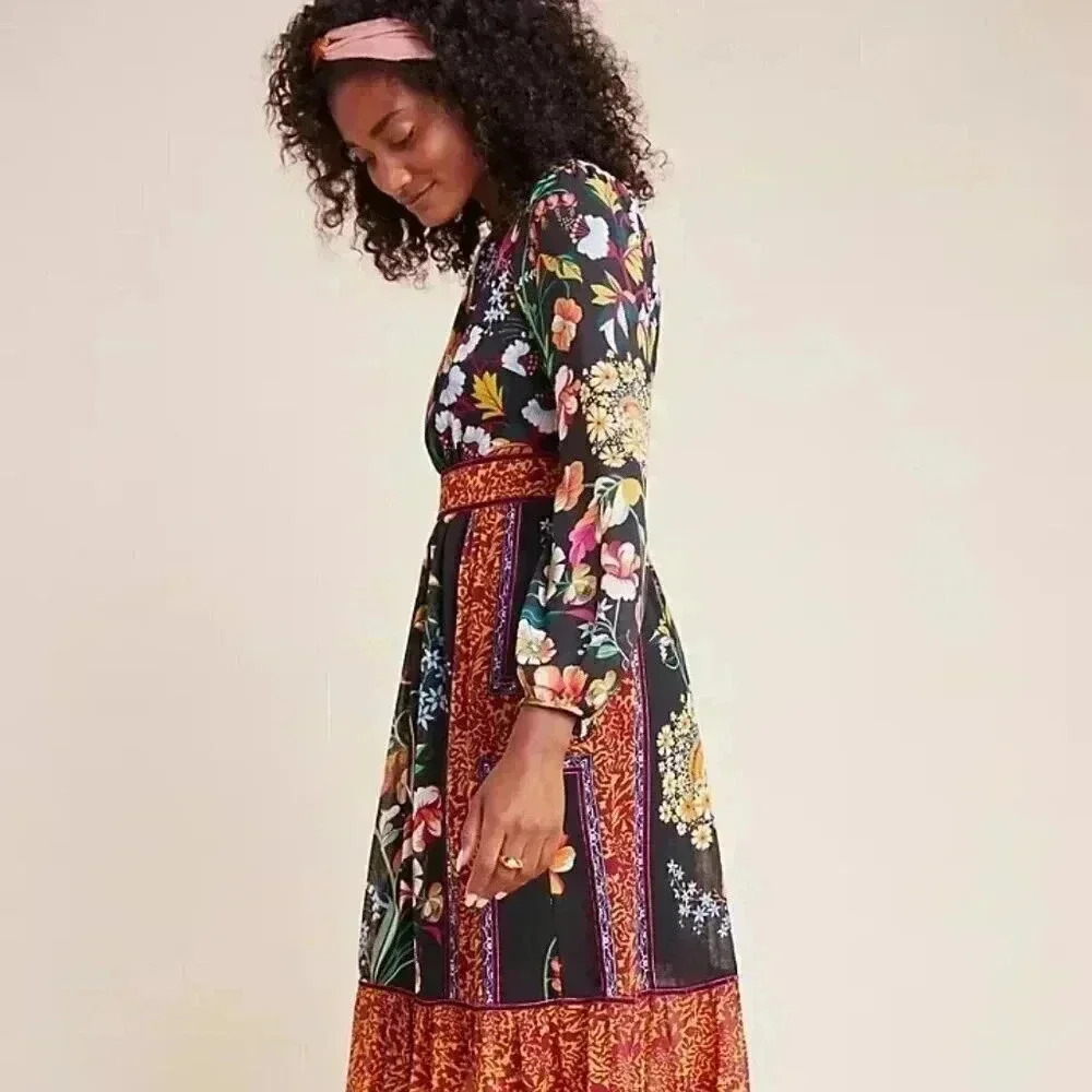 Anthropologie Black Floral Midi Dress with Multicolor Blooms
